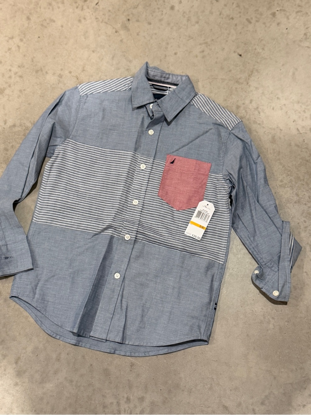 Blue Stripe Button-Up Shirt with Red Chest Pocket